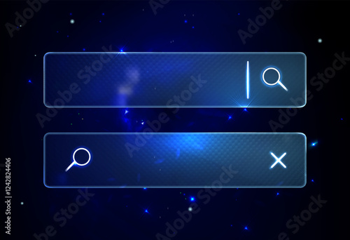 Futuristic Blur Neon Glass Search Bars. Glassmorphism screen smartphone. Transparent matt glass plates on the Cosmic Blue Nebula. Abstract  blue futuristic background with black hole and stars