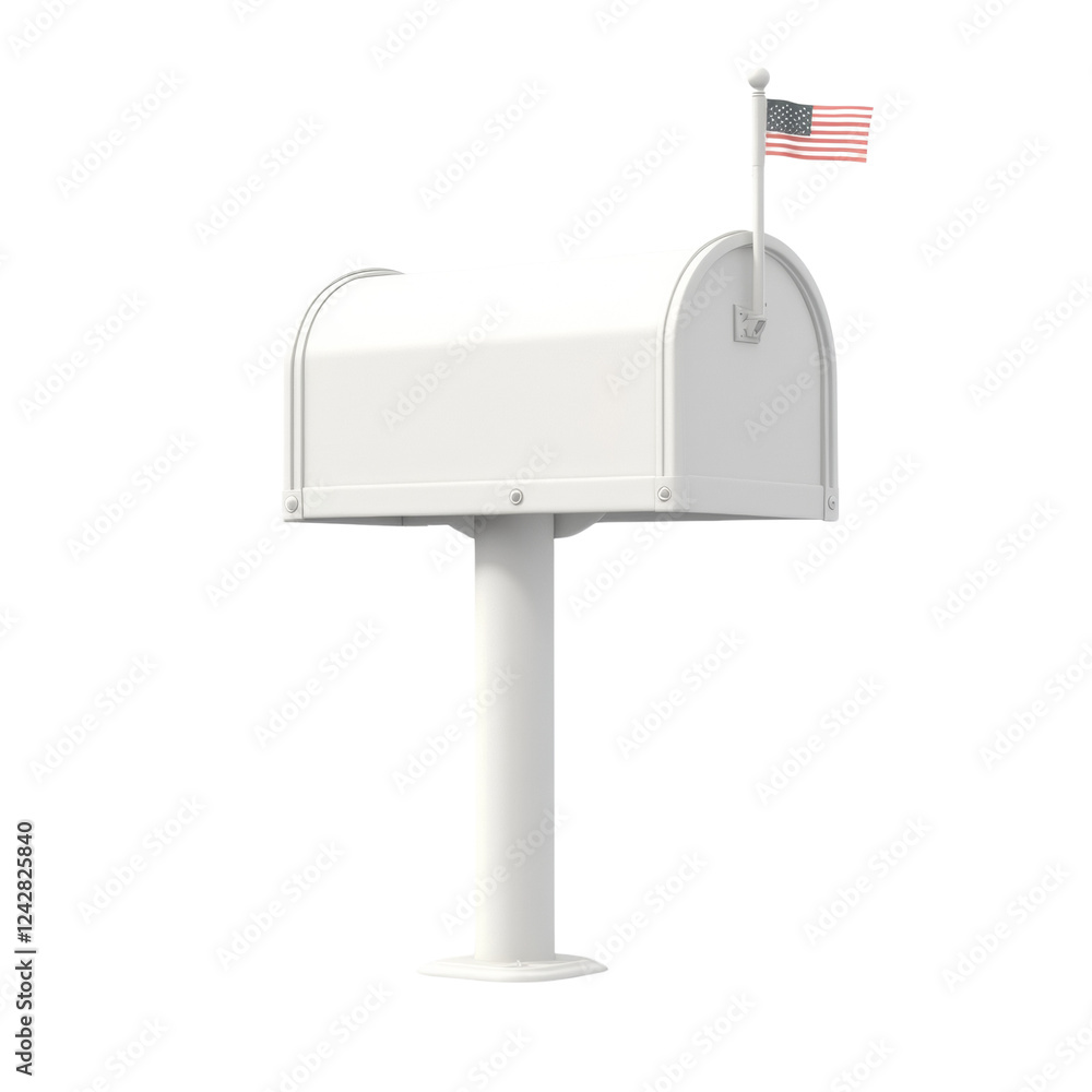 A white mailbox stands on a pedestal with a small American flag attached. A white mailbox stands on a pedestal with a small American flag attached.