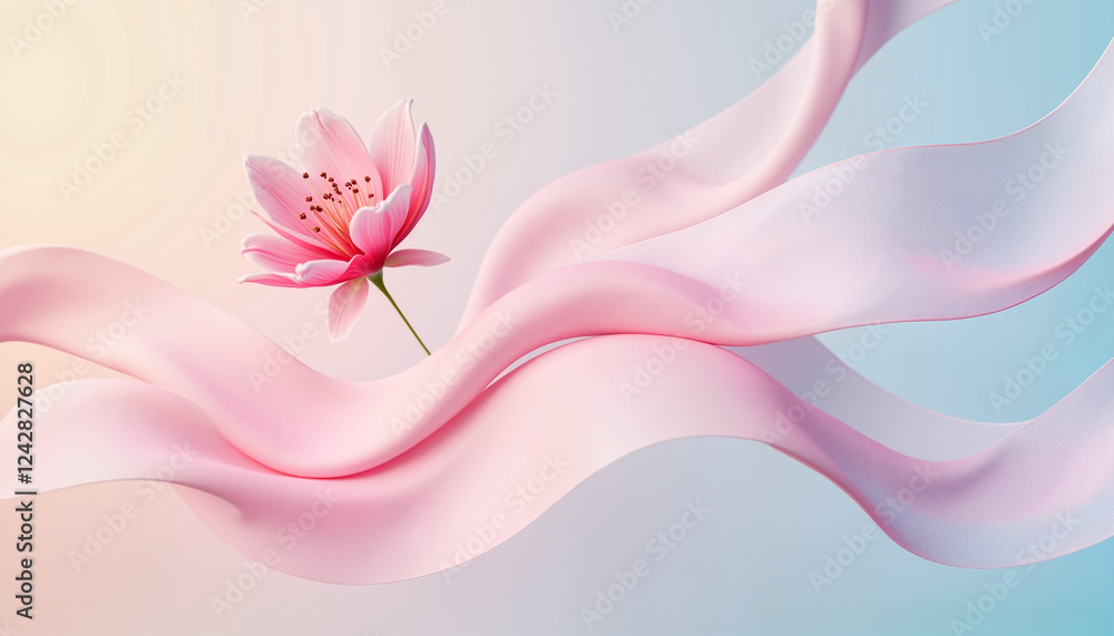 Obraz premium Pink flower floating on silk ribbons in soft light