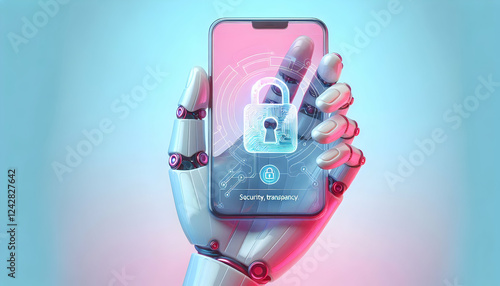 AI Robot icon A hand holding a transparent smartphone with a lock icon displayed, set against a pastel gradient ba3 photo