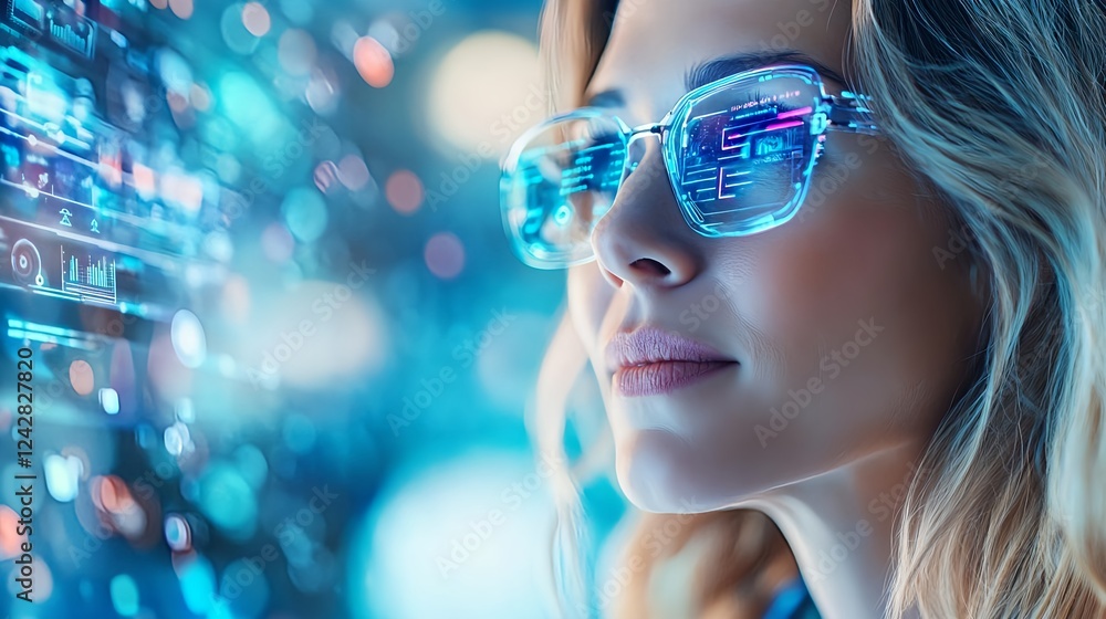 Naklejka premium futuristic woman with ar glasses - metaverse/virtual reality