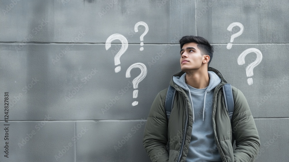 Young man in casual attire looking at a wall with chalk question marks. Concept of curiosity, decision-making, and critical thinking. Young man in casual attire looking at a wall with chalk question marks. Concept of curiosity, decision-making, and critical thinking.