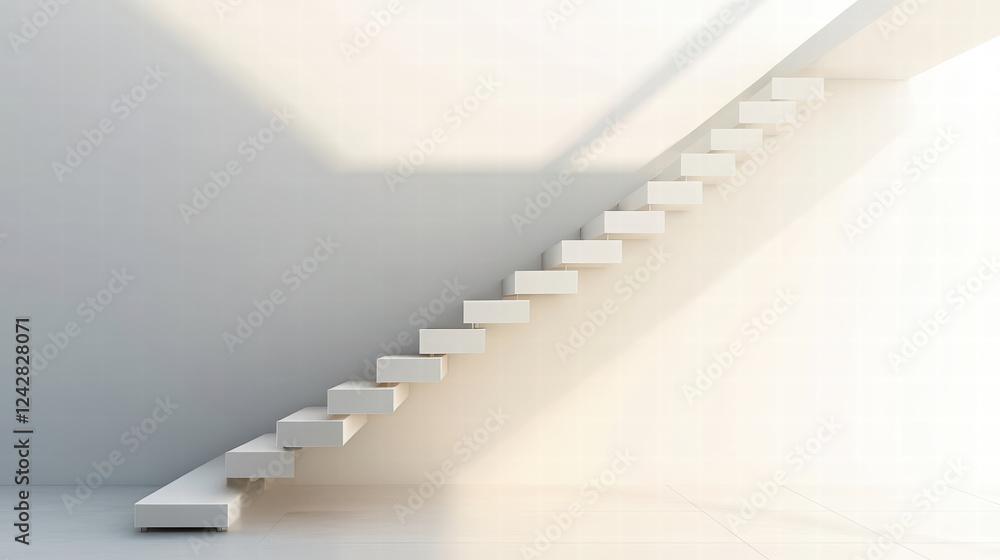 Obraz premium Modern staircase in bright and airy office space, featuring clean lines and minimalistic design. light enhances open feel, creating serene atmosphere