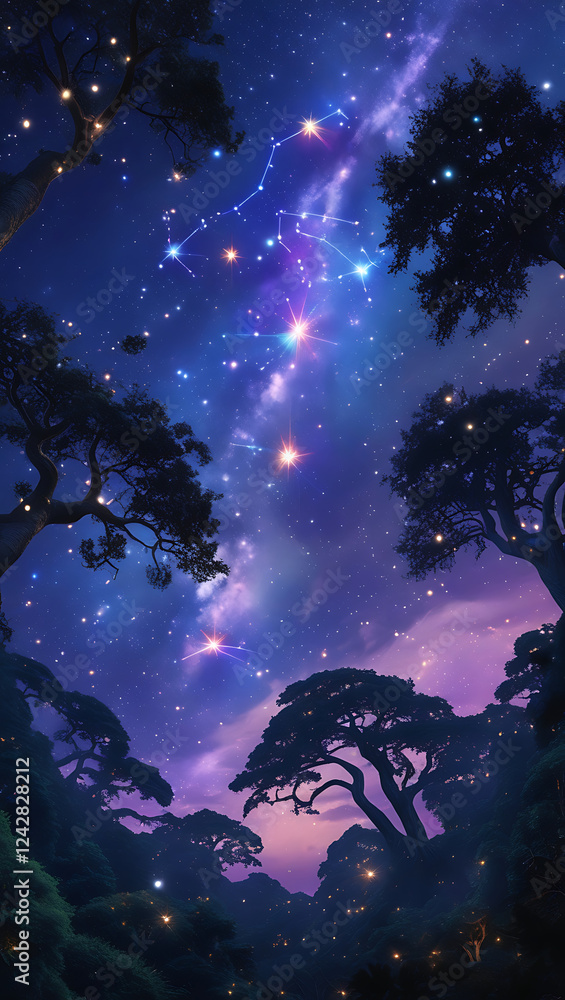 a vibrant constellation sprawled across the starry night sky above a lush, dense forest, created by generative ai a vibrant constellation sprawled across the starry night sky above a lush, dense forest, created by generative ai