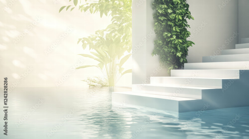 Obraz premium tranquil spa environment featuring serene stairs leading into water, surrounded by lush greenery and soft light, creating peaceful atmosphere for relaxation
