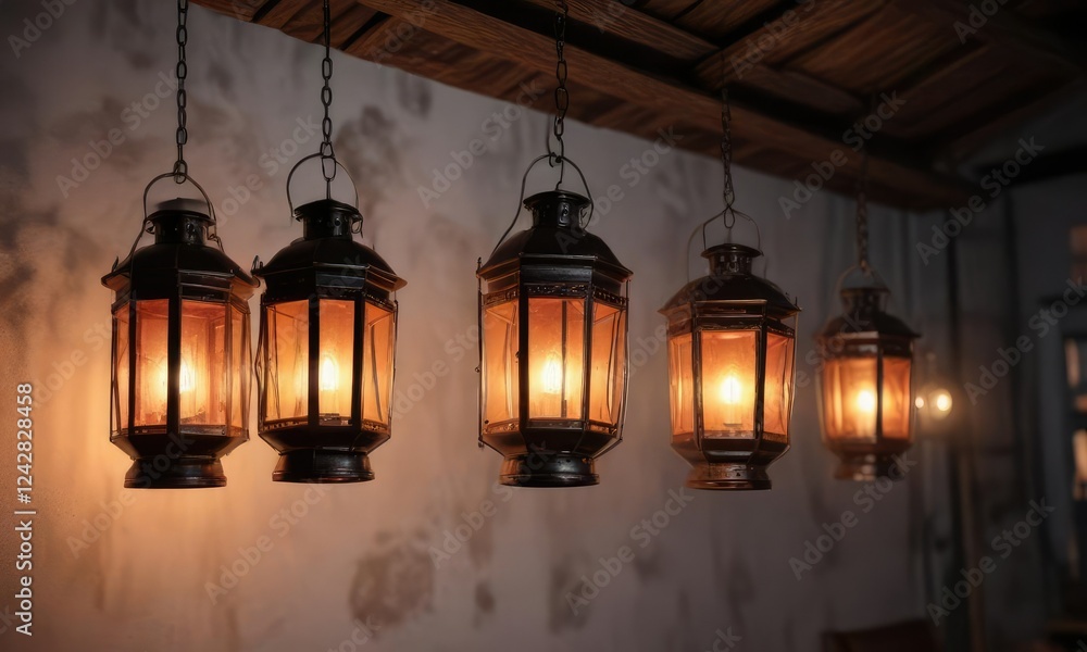 Obraz premium Vintage metal lanterns hanging from the ceiling, country, lanterns, ambiance