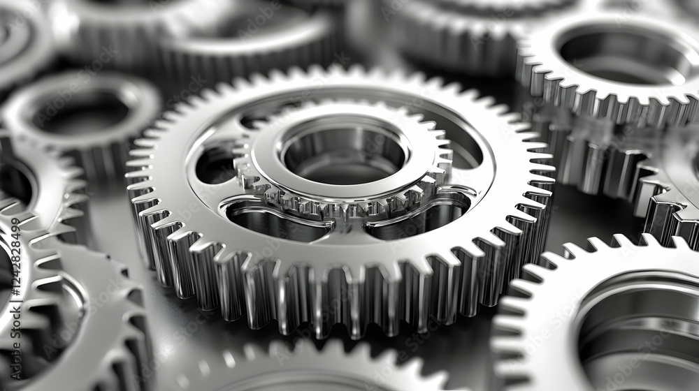 Metallic Gears in Close-up Arrangement on a Reflective Surface Metallic Gears in Close-up Arrangement on a Reflective Surface