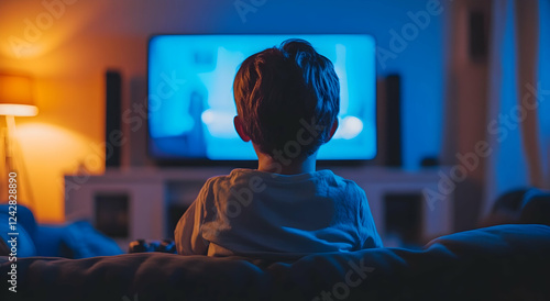 Child Watching Television in Living Room with Soft Ambient Light