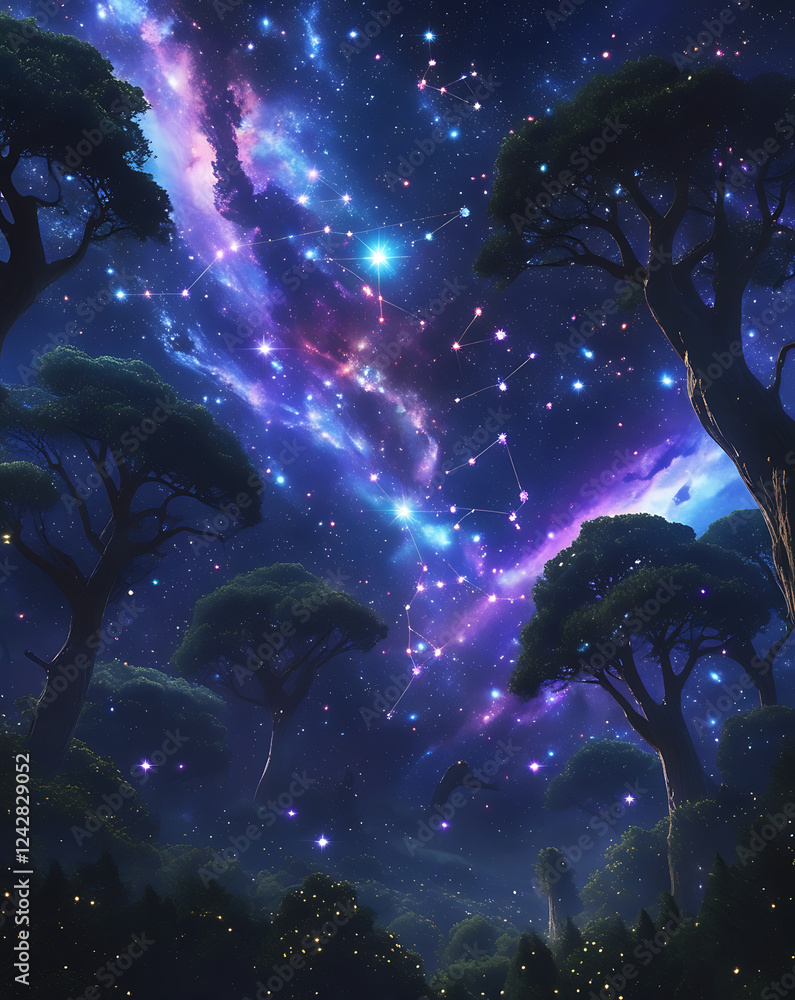 a vibrant constellation sprawled across the starry night sky above a lush, dense forest, created by generative ai a vibrant constellation sprawled across the starry night sky above a lush, dense forest, created by generative ai