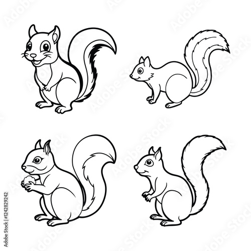 four sets of line art vector Illustration Squirrel animals