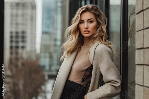 Fashionable blonde woman in beige coat poses near urban glass building Free Download Fashionable blonde woman in beige coat poses near urban glass building - GFXLoad