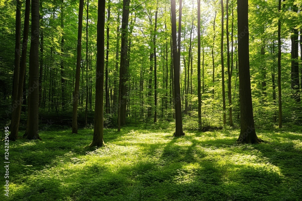Fototapeta premium Sunlight filtering through tall trees in a vibrant green forest, illuminating the lush undergrowth