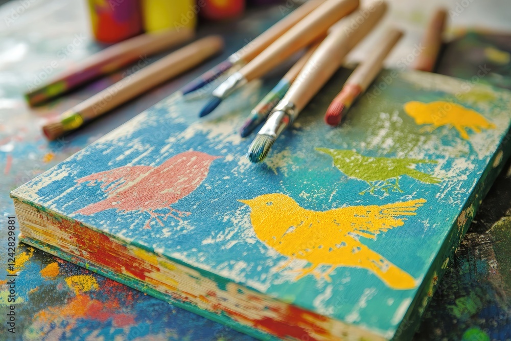 Colorful Painted Book With Birds And Paintbrushes Colorful Painted Book With Birds And Paintbrushes
