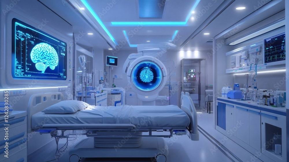 Modern hospital room with an EEG machine displaying brain wave patterns surrounded by sterile medical tools and medications for neurological assessment Modern hospital room with an EEG machine displaying brain wave patterns surrounded by sterile medical tools and medications for neurological assessment