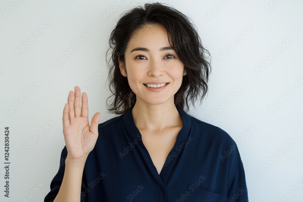 A cheerful woman in a dark blue shirt smiling and pointing upwards with one finger, suggesting an idea or important information.
A cheerful woman in a dark blue shirt smiling and pointing upwards with one finger, suggesting an idea or important information.
