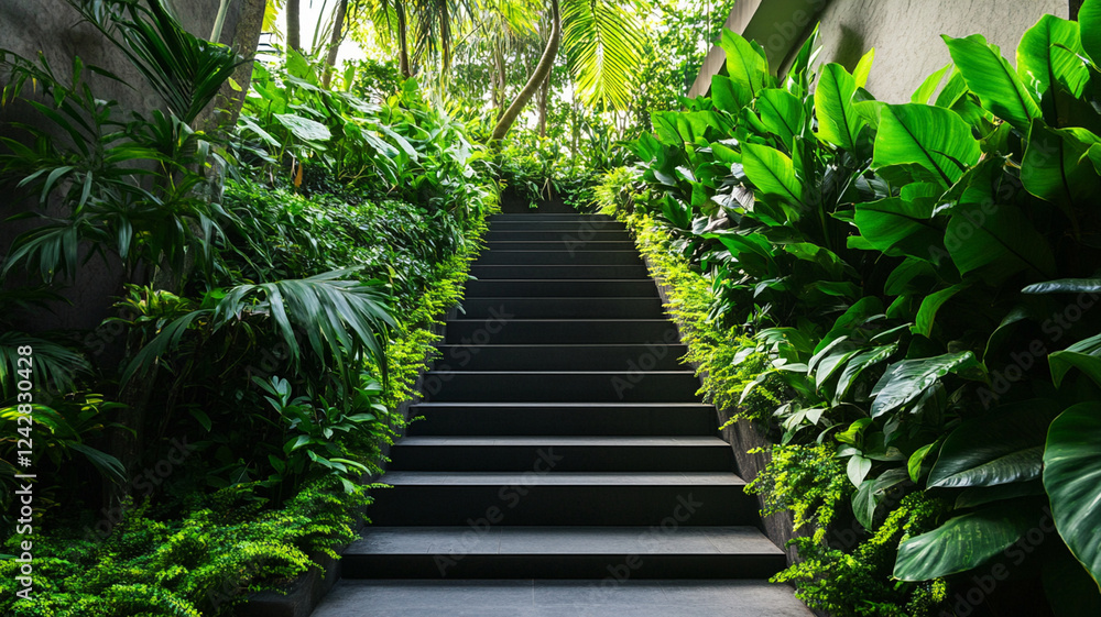 Stairs leading to lush rooftop garden surrounded by vibrant greenery, creating serene and inviting atmosphere Stairs leading to lush rooftop garden surrounded by vibrant greenery, creating serene and inviting atmosphere