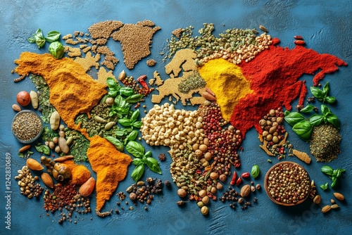 Colorful spice map depicting global regions using vibrant spices and herbs in an artistic arrangement on a textured background