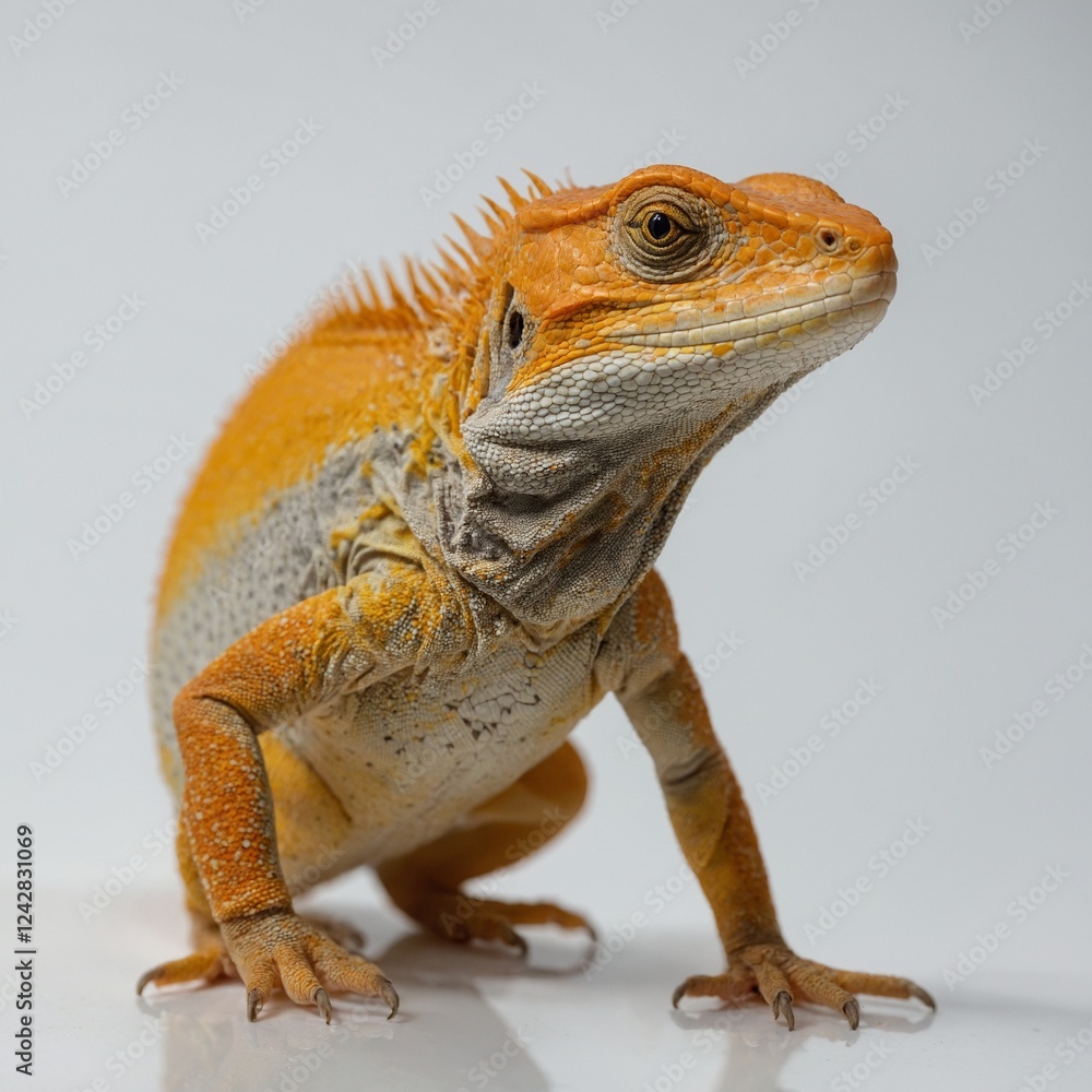 Obraz premium A yellow-orange lizard with a reflective sheen on its skin, standing still against a white backdrop.