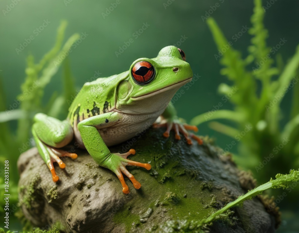 Vibrant green background with Italian tree frog on algae, vibrant, froglet, camouflaged, lively colors Vibrant green background with Italian tree frog on algae, vibrant, froglet, camouflaged, lively colors