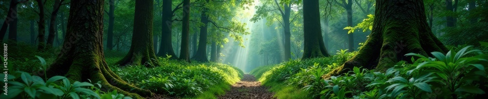Fototapeta premium Veiled forest floor amidst towering trees and ferns, vegetation, forest