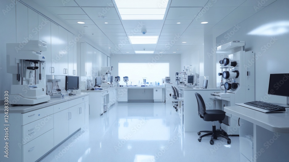 Modern ophthalmology clinic featuring an array of hightech eye examination instruments including slit lamps autorefractors and eye charts neatly arranged in a sterile environment