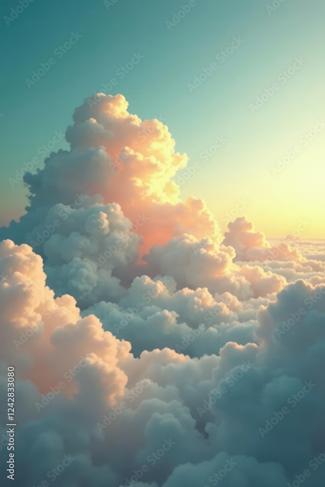 Softly glowing clouds float above serene landscape, gold, teal, sky Softly glowing clouds float above serene landscape, gold, teal, sky