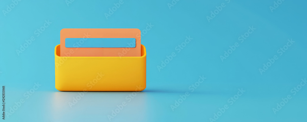 A vibrant yellow container holds colorful index cards against a bright blue background, creating a striking visual contrast. A vibrant yellow container holds colorful index cards against a bright blue background, creating a striking visual contrast.