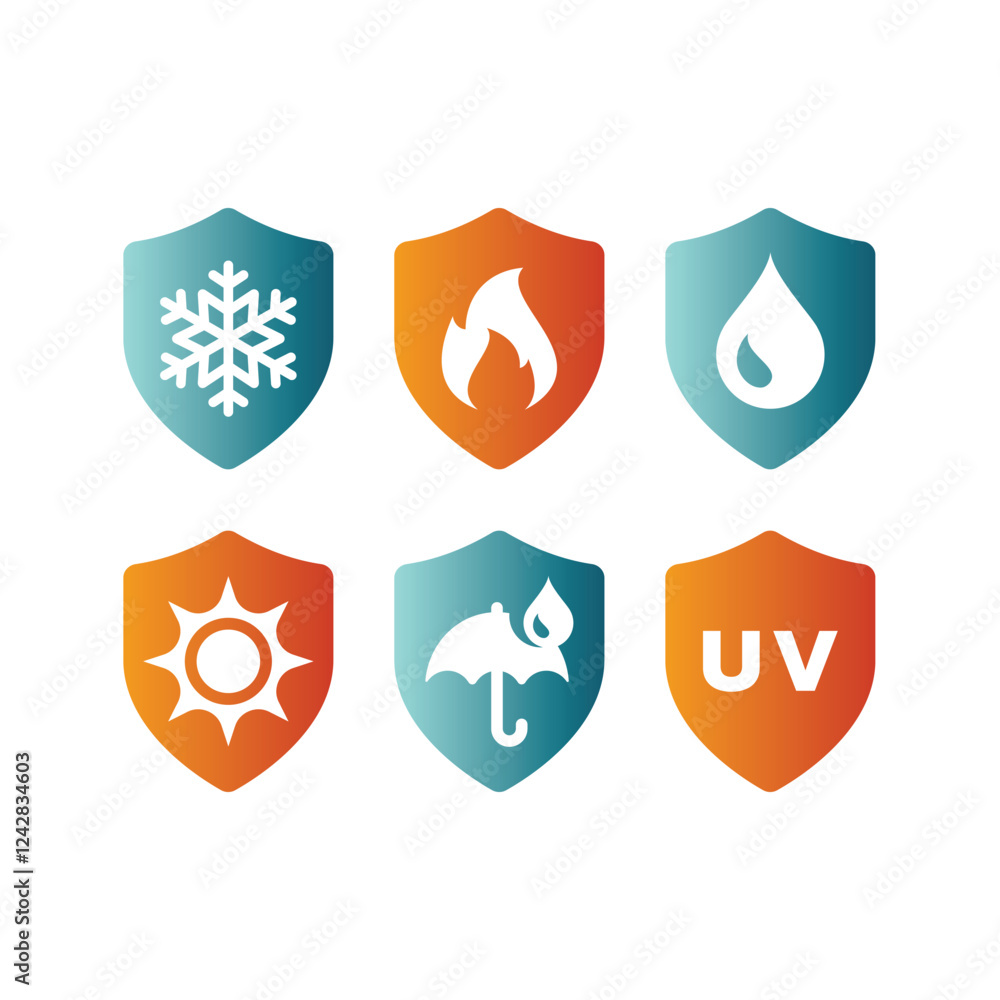 Snowproof, fire proof vector shield label set. UV, cold and heat resistant and protection icon set. Snowproof, fire proof vector shield label set. UV, cold and heat resistant and protection icon set.