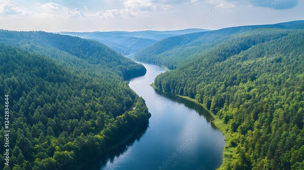 Serene river winding through lush green mountains, vast scenic landscape showcasing nature's beauty and tranquility. Serene river winding through lush green mountains, vast scenic landscape showcasing nature's beauty and tranquility.