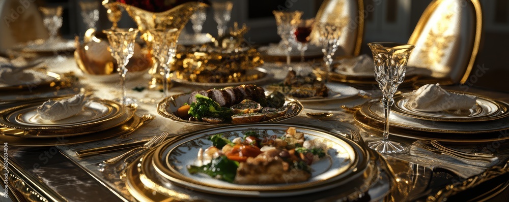 Elegant dining table setup with crystal tableware served Elegant dining table setup with crystal tableware served