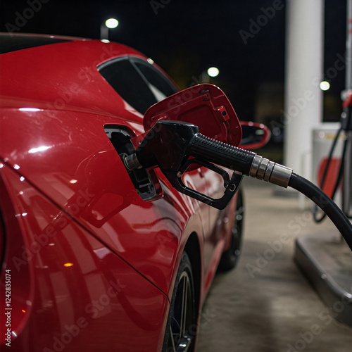 Detailed close up of a red car being refueled at a gas station. The image shows the fuel nozzle inserted into the car's tank, capturing the moment of refueling. car refueled. photo