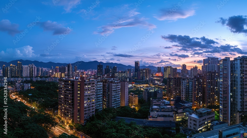 Twilight Cityscape Skyline Overlooking Mountains and Buildings Twilight Cityscape Skyline Overlooking Mountains and Buildings