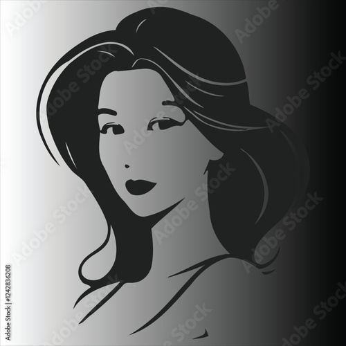 a close up of a woman's face with long hair black and white vector art