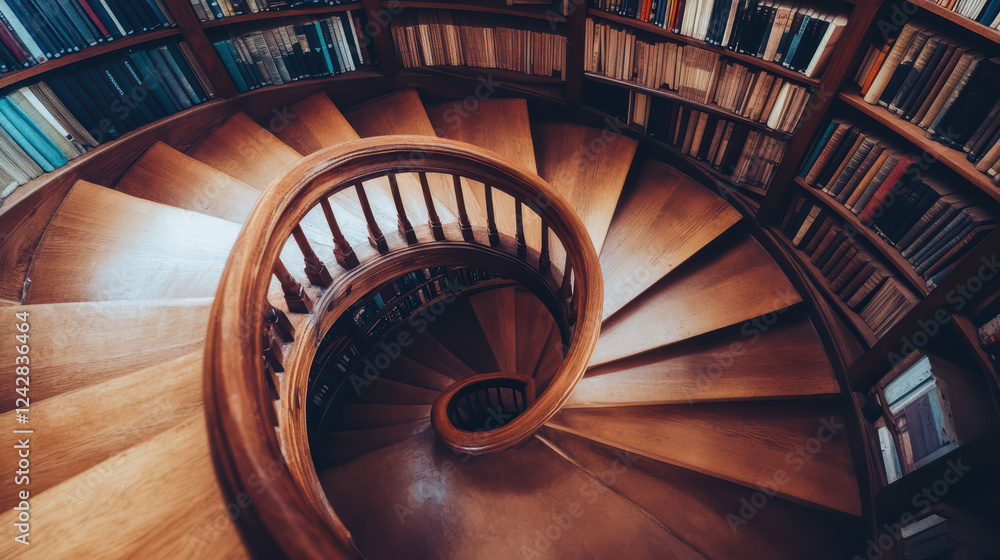 Fototapeta premium winding wooden staircase in cozy library, surrounded by bookshelves filled with various books, creates warm and inviting atmosphere for reading and relaxation