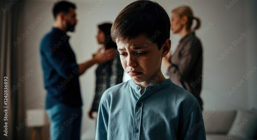 Sad caucasian young boy with parents arguing in the background Sad caucasian young boy with parents arguing in the background