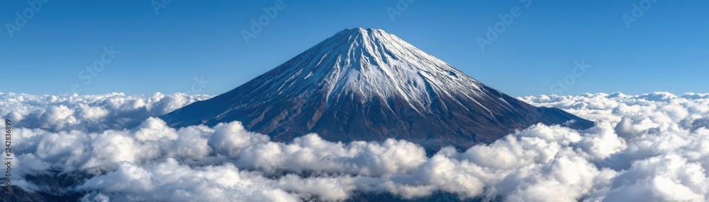 A breathtaking view of a snow-capped mountain rising majestically above a sea of clouds under a clear blue sky, capturing the beauty of nature's peaks. A breathtaking view of a snow-capped mountain rising majestically above a sea of clouds under a clear blue sky, capturing the beauty of nature's peaks.