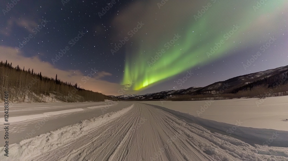 Fototapeta premium Aurora Borealis over a snowy winter landscape at night