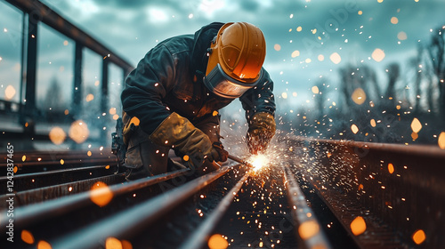 Worker with protective mask welding metal in workshop