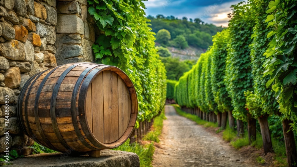 Wine barrel in a vineyard surrounded by greenery and old stone walls, vineyard, countryside, stone Wine barrel in a vineyard surrounded by greenery and old stone walls, vineyard, countryside, stone