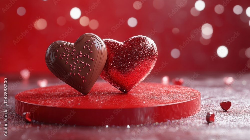 Fototapeta premium A round red stage with chocolate designs, two hearts, and a sparkling glitter gradient for a Valentine's Day backdrop.