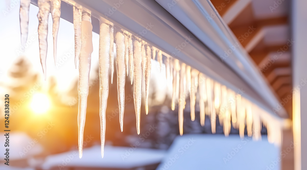 Icicles hanging from a roof during a sunset in winter wonderland. Generative AI Icicles hanging from a roof during a sunset in winter wonderland. Generative AI