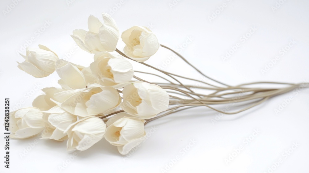 Fototapeta premium A collection of pristine white flowers with slender stems is artfully displayed against a gentle white backdrop. The composition radiates calmness and purity, inviting tranquility