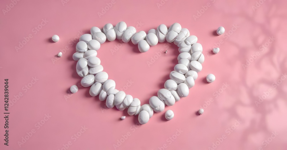 Obraz premium White pills arranged in the shape of a heart on a pink background, wellness, vitality, prescription, medication