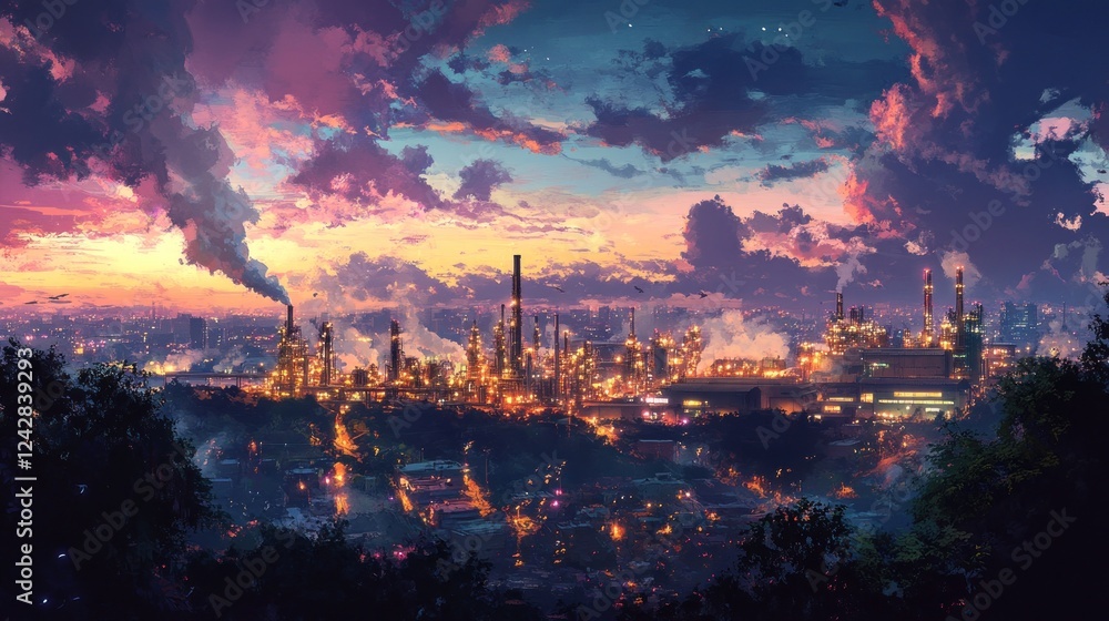 Fototapeta premium Industrial Cityscape Sunset Sky Glowing Refinery