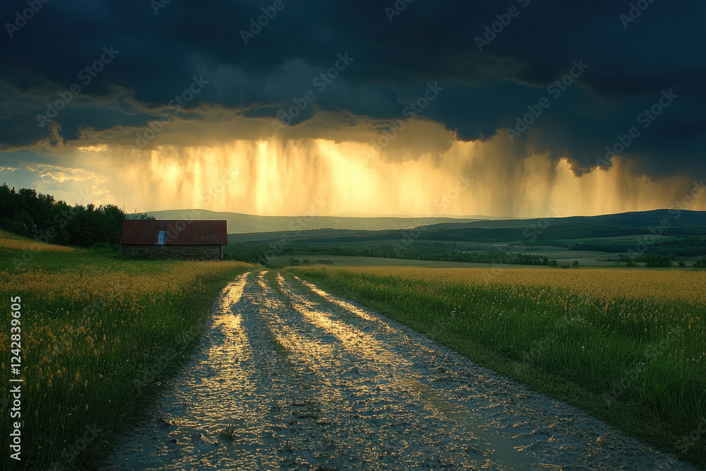Fototapeta premium Hail Pelts Down as Dark Storm Clouds Loom Over Town