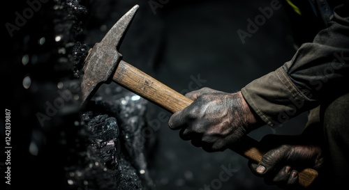 Close-up of coal miner using pickaxe with weathered hands in dark mine photo