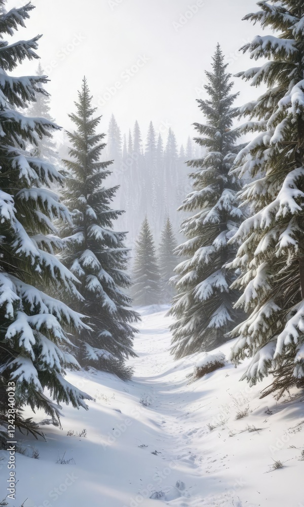 Fototapeta premium White background with sprinkled light snow and fir trees , tree, frosty, white