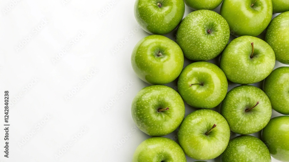 A bunch of fresh green apples in the right side, white blank area in the left side, isolated background A bunch of fresh green apples in the right side, white blank area in the left side, isolated background