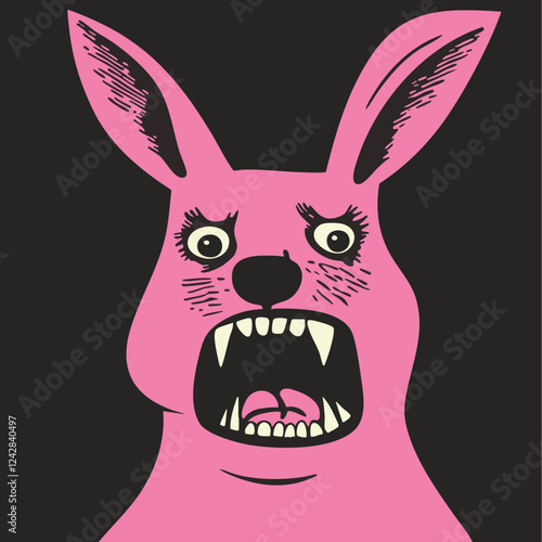 Kangaroo, pink and black, vector, cartoon, character, retro, simple, minimalist, grunge, crazy, wild, expression, scared Kangaroo, wild, weird, startled, mouth wide open, funny kangaroo character