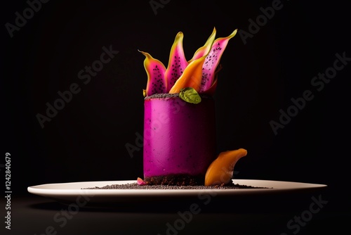 Artistic cheesecake with vibrant dragon fruit cream and bold tropical colors, black background highlighting elegant and creative plating. Generative AI. photo